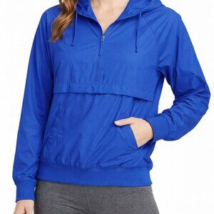 Lands' End Jacket Size Large Blue Windbreaker Hood Folding Pouch Camping Travel